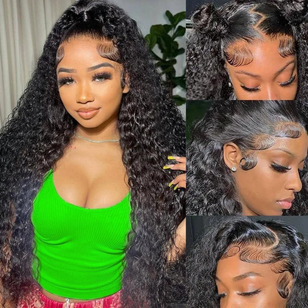 Deep Wave Human Hair Wig 4x4 Closure Glueless Wigs Human Hair Pre Plucked Pre Cut Lace Closure Glueless Elastic Band 200% Density Natural Color (26 Inch)
