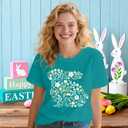 Ascrazy Easter Shirts for Women Cute Floral Bunny T-Shirt Easter Day Tee Tops Cyan