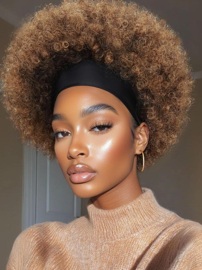 quickwig Afro Headband Wig Short Afro Kinky Curly Wigs with Headbands Attached Glueless Synthetic Wear and Go for Black Women Fluffy Bouncy Afro Wigs for Daily Party(1B30,12 Inch)