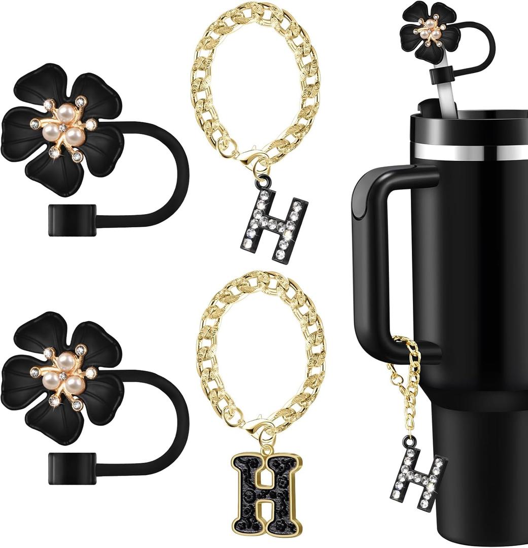 Straw Covers for Stanley Cup Accessories: Black Decorations for Stanley 30 oz & 40 oz Tumbler with Handle, Bling Letter Charms and Flower Silicone Straw Cap Topper, Trendy Stuff for Teen Girls & Women