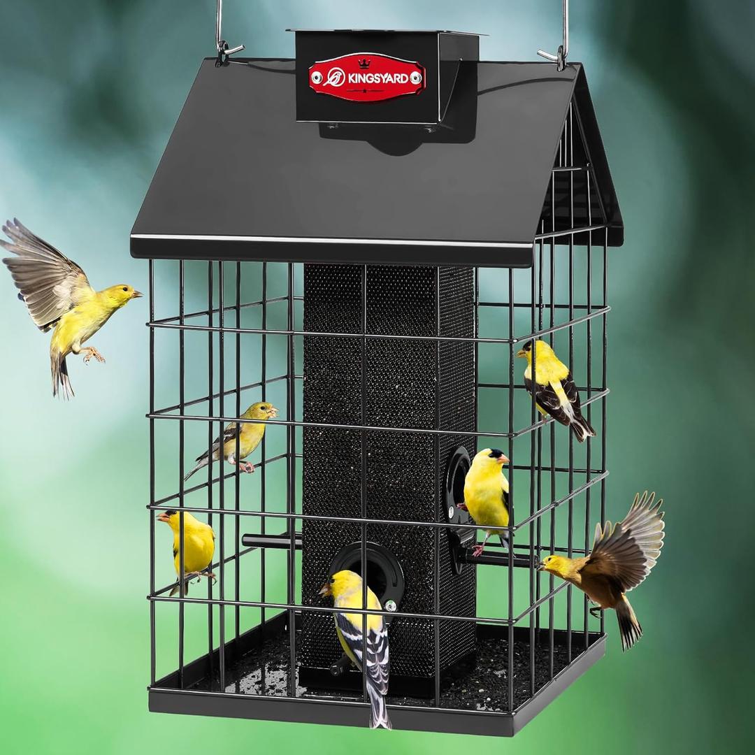 Kingsyard Squirrel Proof Caged Bird Feeder for Outdoor Hanging - Weatherproof Metal Mesh Tube Finch Bird Feeder with 4 Ports for Nyjer/Thistle Seed, Small Birds, Goldfinches, Chickadees, Black