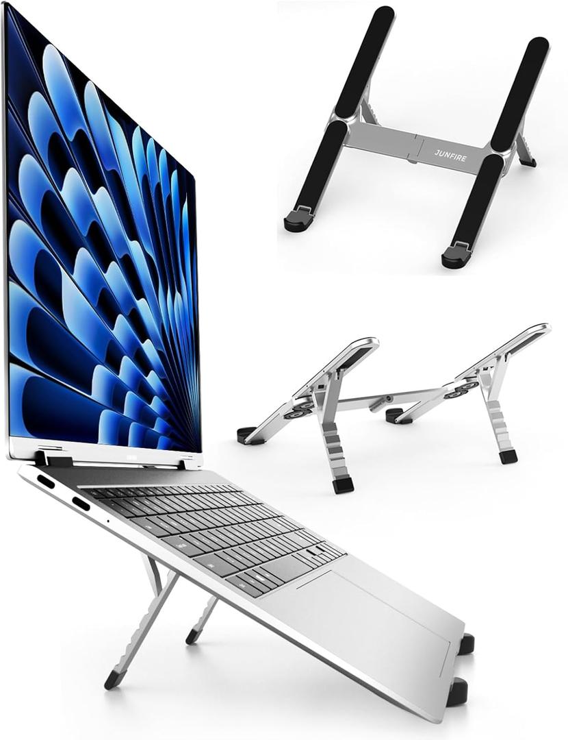 Junfire Foldable Laptop Stand for Travel, Aluminum Stable Ergonomic Laptop Riser with 6-Levels Height Adjustment, Fits with MacBook Air, MacBook Pro, iPad, HP, Dell, Lenovo (Up to 15.6'')-Sliver (Suitable for up to 15.6 inch devices)