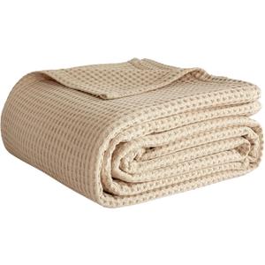 100% Cotton Waffle Weave Blanket Twin Size, Soft Lightweight Breathable Cozy Blankets for Bed Couch Home Dcor All-Season Use (Beige, 66"x90")