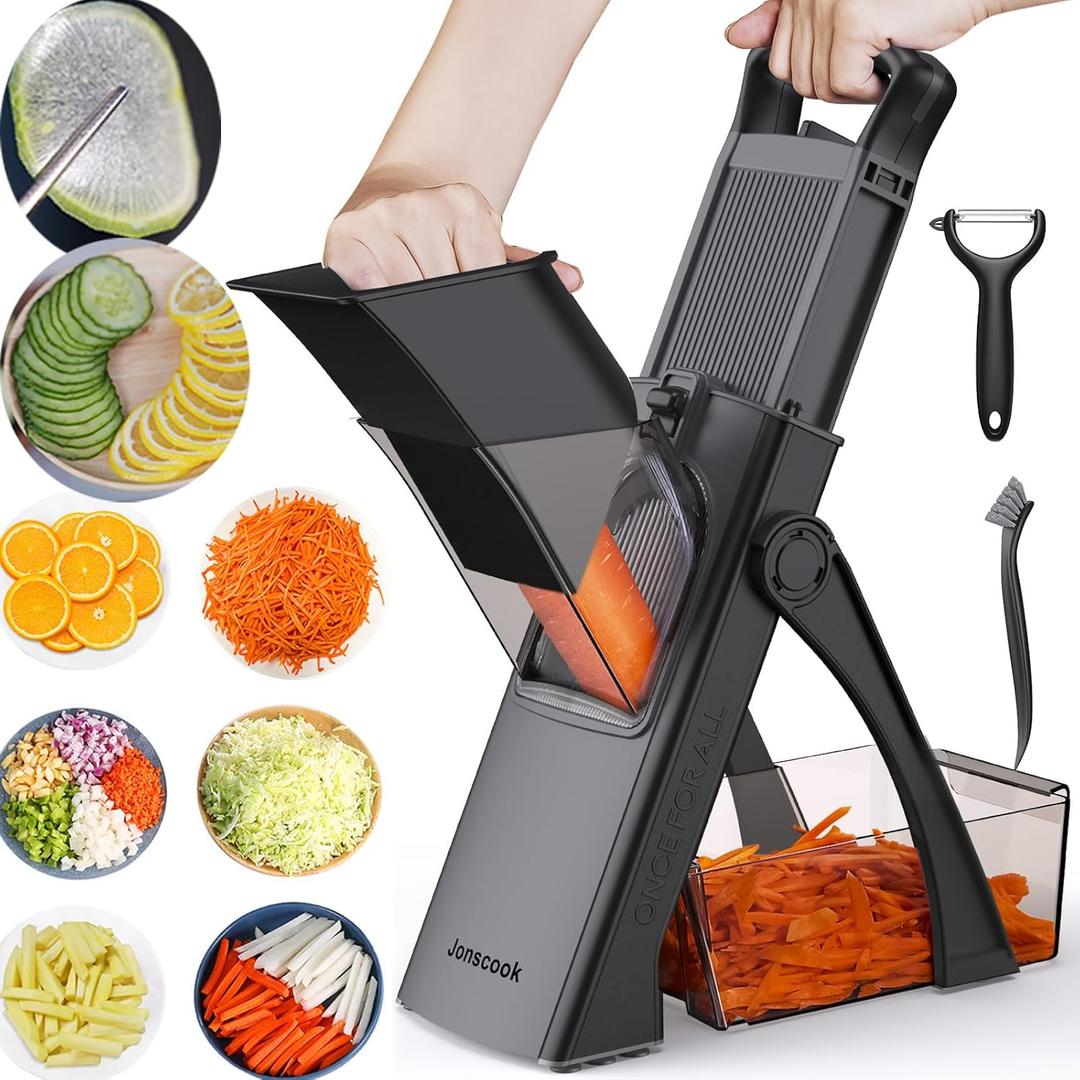 All-in-1 Update Safe Mandoline Slicer for Kitchen, Food Chopper with Container, Thickness Adjustable Vegetable Chopper, Potato French Fry Cutter Tomato Apple Slicer Onion (BlackKnight)
