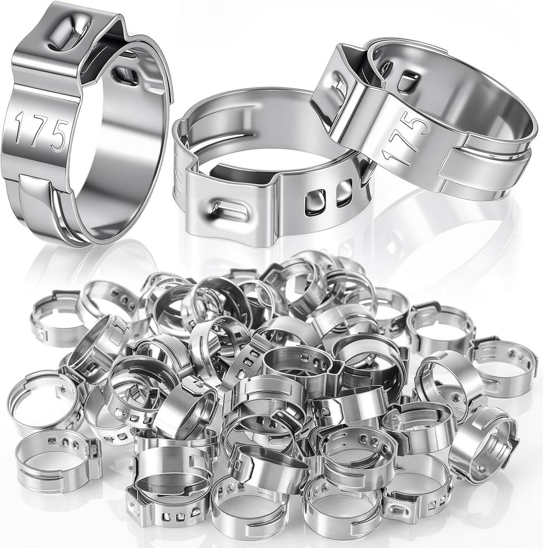 200 Pcs 1/2 Inch PEX Cinch Clamps, 304 Stainless Steel Crimp Rings Single Ear Hose Clamps for PEX Tubing Pipe Fitting Connections, Silver