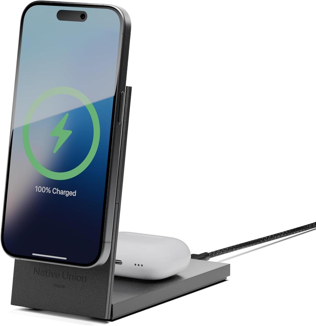 Native Union Rise 2-in-1 Magnetic Wireless Charger  Qi2 Certified & MagSafe Compatible  15W Fast-Charging Foldable Charging Stand for iPhone Air, 17 with Wireless Pad for AirPods Pro 3 (Black)