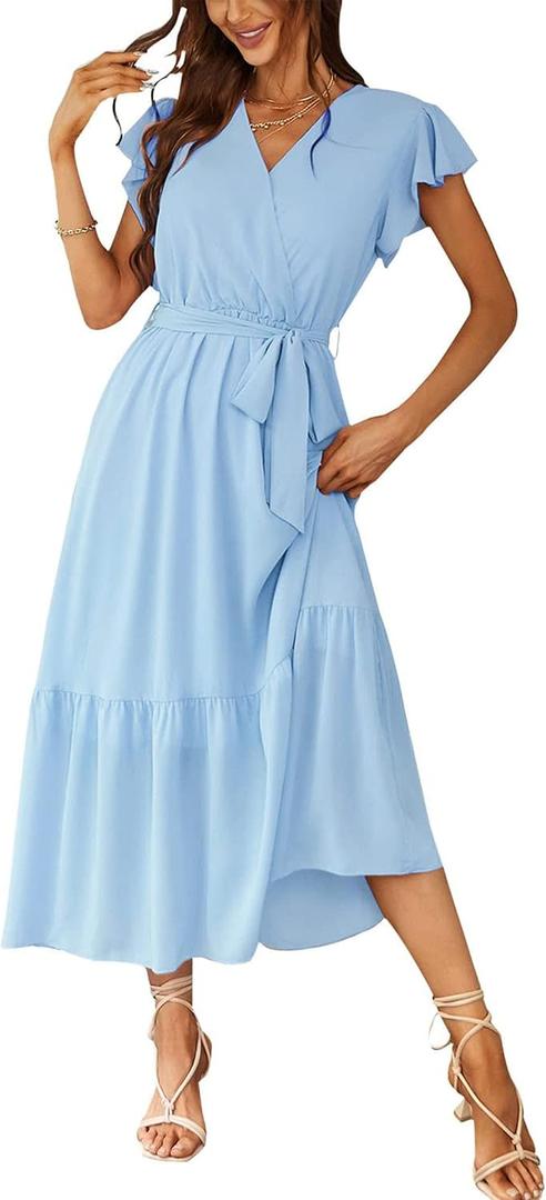 PRETTYGARDEN Women's Summer Floral Boho Dress Wrap V Neck Short Sleeve Ruffle A-Line Flowy Maxi Wedding Guest Dresses (Solid Light Blue, Large)