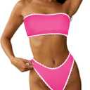 ZAFUL Women Strapless Textured Bandeau Bikini 2 Piece Swimwear Cheeky Solid Lace up Bathing Suits, M
