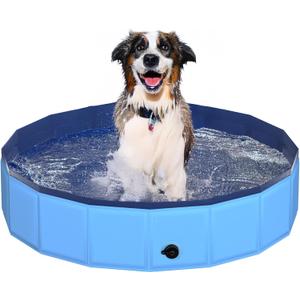 39.5" x 12" Foldable Dog Pool - Collapsible Hard Plastic Kiddie Pool for Dogs & Kids, Non-Slip Pet Bath Tub for Outdoor Backyard Use, Lightweight & Portable (Blue)