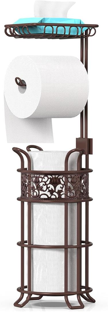 Upgraded Toilet Paper Holder Stand for Bathroom, Holds 3 Big Rolls of Jumbo Mega Paper, Top Shelf for Wipes Tissue, Sturdy Freestanding Paper Roll Dispenser, Floral Pattern, Bronze Red