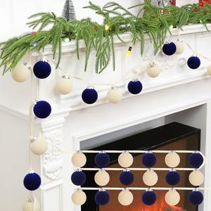 Soulchen 10 Ft Christmas Velvet Ball Garland Ornament for Christmas Tree, Xmas Balls String Garland Decoration for Xmas Tree Fireplace Railing Wreath Decorations(Cream, Royal Blue)