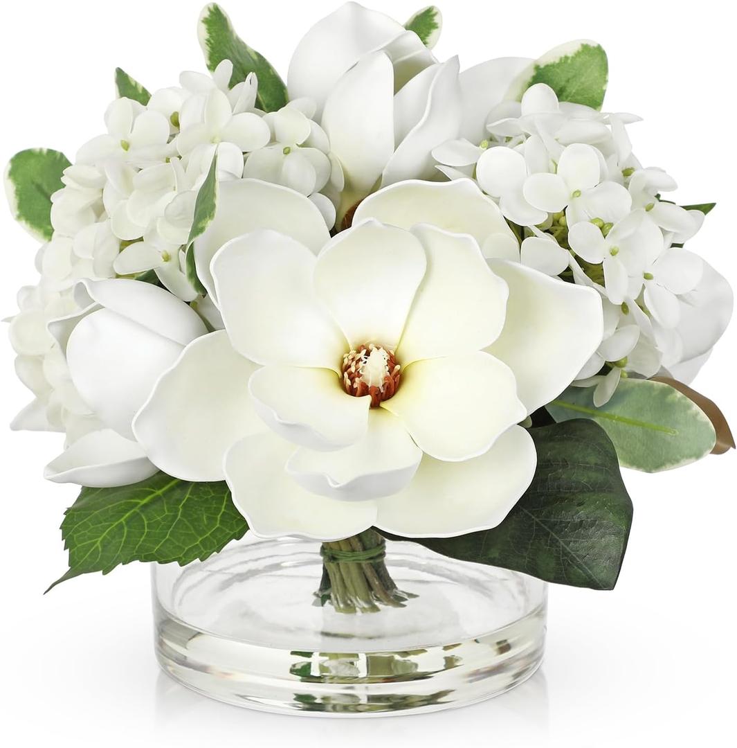Briful Artificial Magnolia and Hydrangea Flower Arrangement in Glass Vase 9.4" Realistic White Silk Fake Flower with Faux Water Fake Floral Centerpieces for Home Room Office Table Shelf Dcor
