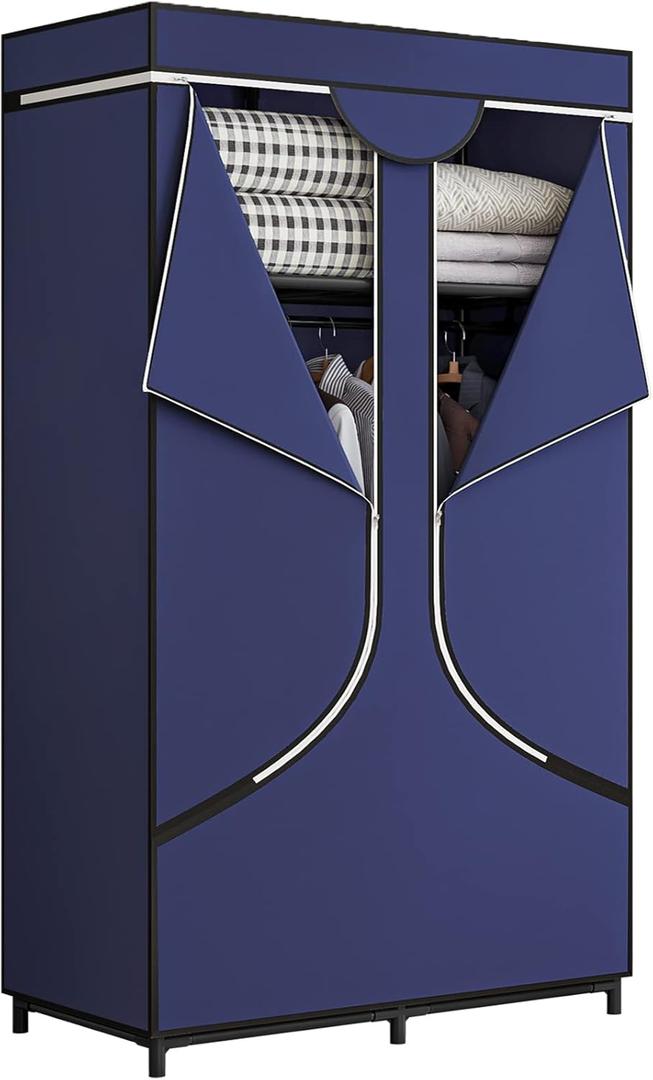 SORCEDAS Portable Wardrobe Closet Storage Organizer Metal Hanging Rack Non Woven Fabric 34 Inch Coffee (34 Inch, Blue)