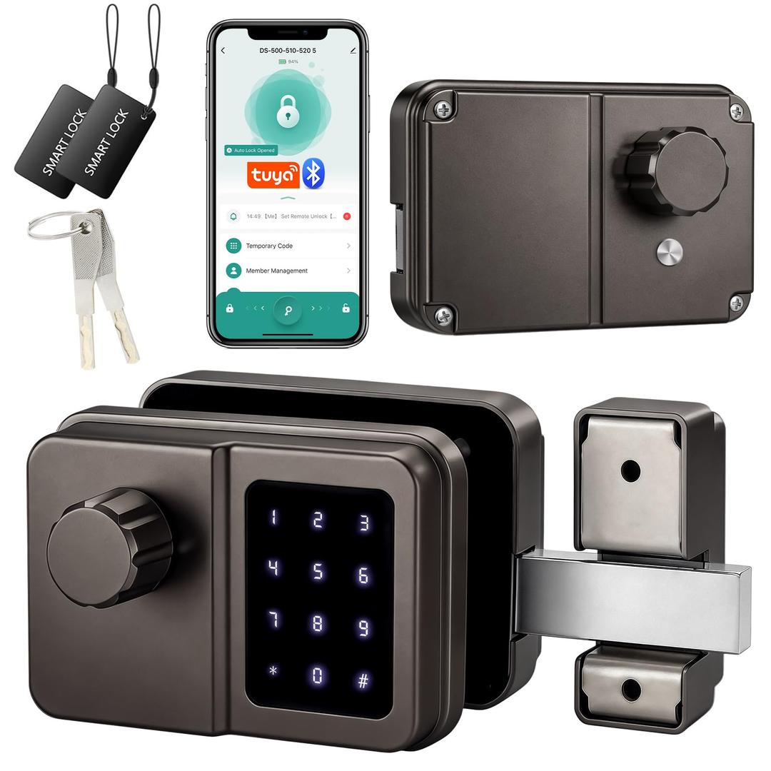 SEPOX Bluetooth Smart Gate Lock, Outdoor Gate Lock for Fence & Garage, Electronic Keyless IC Card, Passcode & Mechanical Key, Waterproof Rim Lock for Outdoor Garden Yard (Grey, Single Screen)