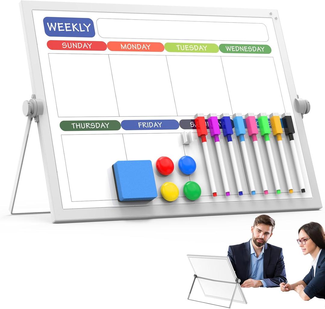 Weekly Dry Erase White Board, 16X12IN Magnetic Desktop Whiteboard Calendar with Stand, 8 Markers, 4 Magnets, 1 Eraser, Portable Double-Sided White Board Easel for Kids Memo to Do List Desk