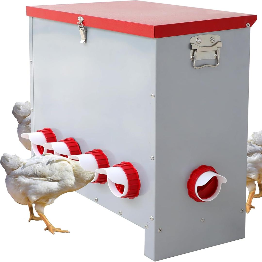 Large 85LB Automatic Chicken Feeder No Waste, Rat Proof Metal Poultry Feeder with 10 Feeding Ports, Rust-Proof Galvanized Steel Auto Chicken Feeder with Locking Lid for Chickens, Geese, Duck & Poultry