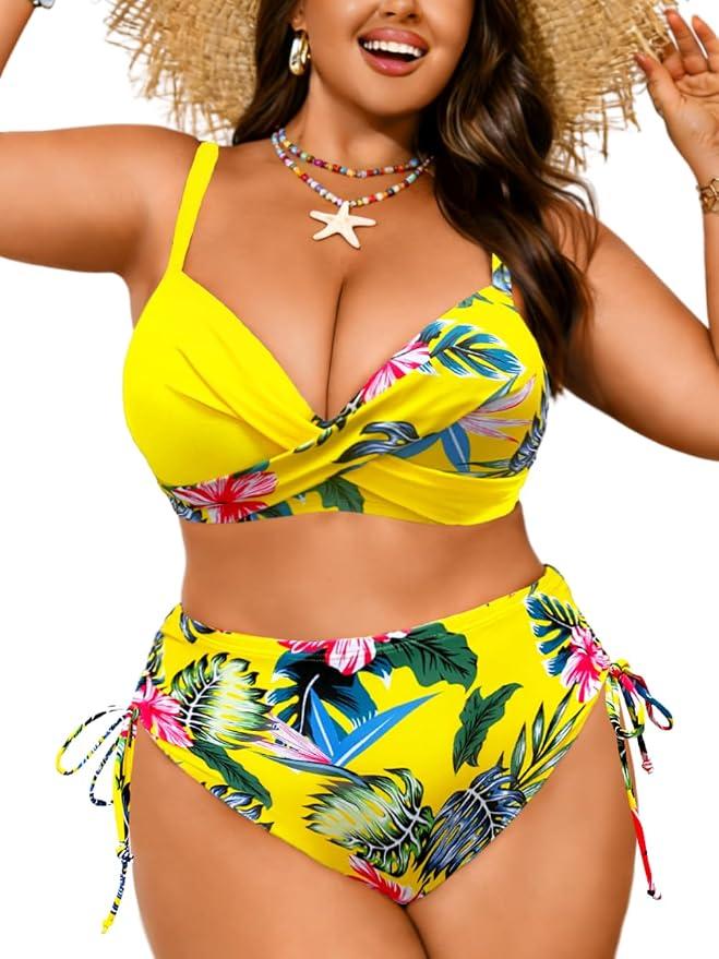 ChiaoLezhee Plus Size Floral Bikini Set, Push Up High Waisted, Beach Vacation, Two Piece Tropical Tummy Control Full Coverage, 3XL