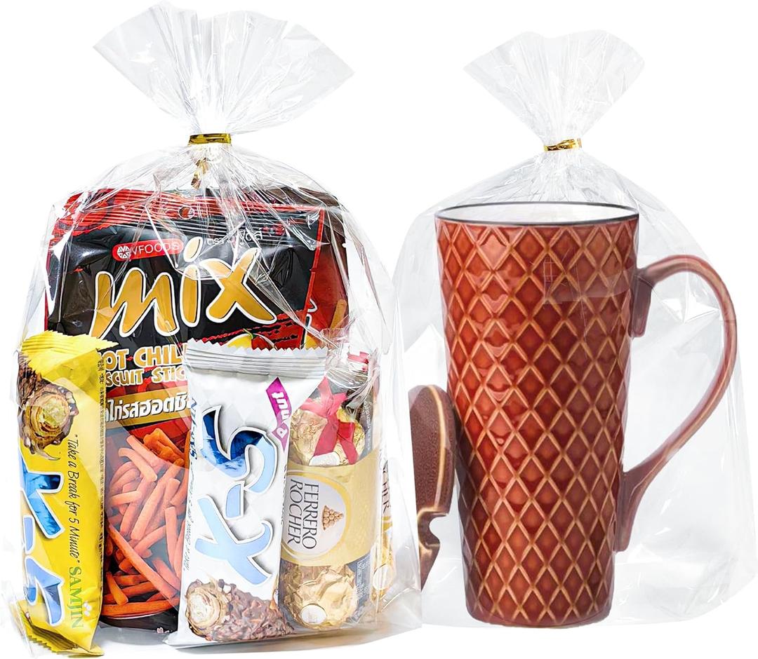 QOIUSO 50Pcs Bottom Gusset Cellophane Bags: 9x12 Inches Clear Gift Bags with Twist Ties for Candy Treat Goodies Mug Party Favors and Gift Wrapping - Durable Plastic Cellophane Gift Wrap