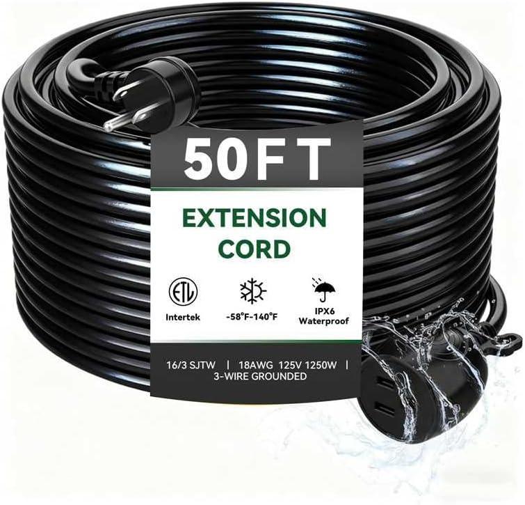 Blackcow Outdoor Power Extension Cord,50 Ft,IPX6 Waterproof, Cold Weather & Fireproof, Heavy Duty 3 Prong Cable,18AWG 125V 10A,FCC/ETL Certified for Outdoor/Indoor Use