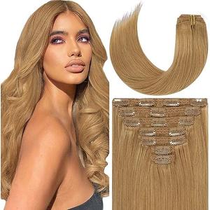 Loxxy 140g 20 Inch Clip in Hair Extensions Human Hair Strawberry Blonde #27 Full Head Silky Straight Natural Hair Extensions Clip in Double Weft Brazilian Human Hair 7pcs 16 Clips
