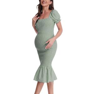 Maternity Summer Midi Bodycon Dresses, Short Puff Sleeve Square Neck Ruffle Hem Mermaid Baby Shower Dress (Green, M)