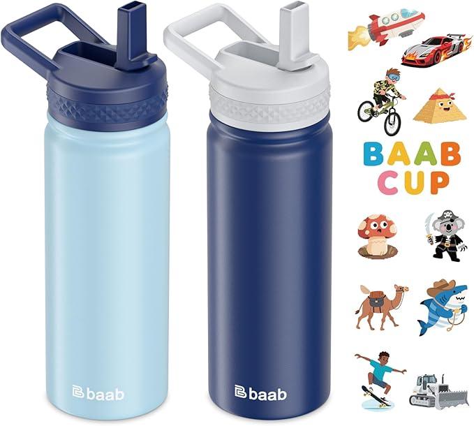 baab 18oz/500ml Kid Water Bottle, Insulated Water Bottle with Straw & Stickers, 18/8 Stainless Steel Vacuum Leakproof Kids Water Straw Cup for Sports Travel & School (Navy Blue+Light Blue, 2 Pack)