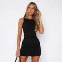 YOXUA Women's Summer Sleeveless Boat Neck Mini Dress Slim Fit Party Club Teacher Casual Office Dresses (Black, XL)