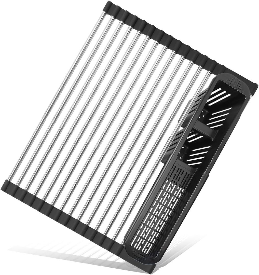 Roll Up Dish Drying Rack,Expandable Over The Sink Dish Drainer,Stainless Steel Kitchen Rolling Sink Rack with Utensil Holder,Length Up to 22.3" (Black)