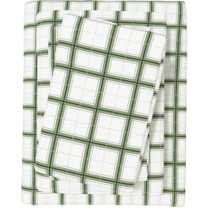 Great Bay Home Flannel Sheets Queen Size - 100% Turkish Cotton, Double-Brushed, Plaid and Stripe Bed Sheet Set - Ultra-Soft, Cozy, 4-Piece Bedding Set (Block Plaid - Green/Grey)