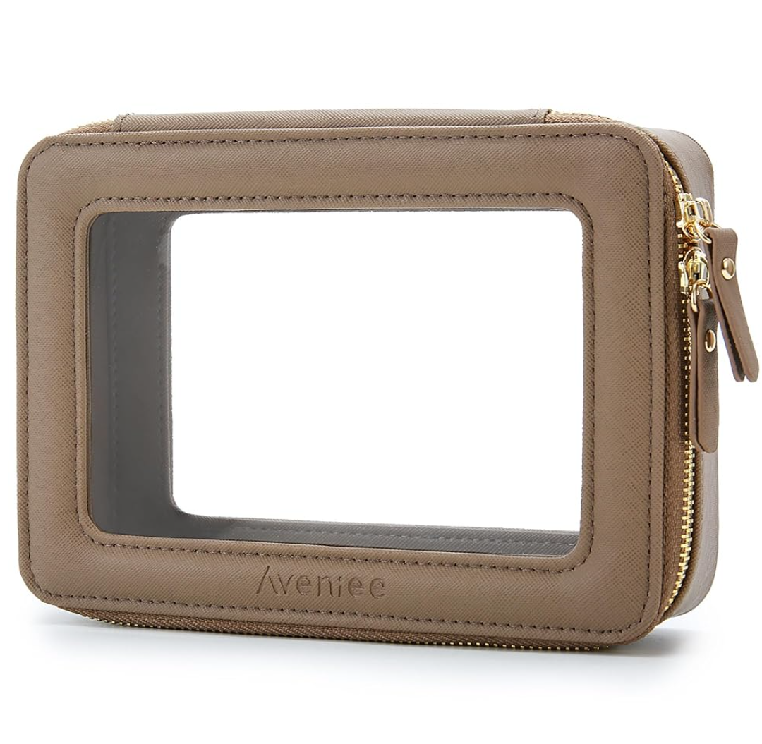 Aveniee Clear Makeup Bag Organizer, Travel Toiletry Bag Cosmetic Case for Women, Portable Make Up Skincare Pouch Car Organizer Bag with Zippers for Essentials,Taupe