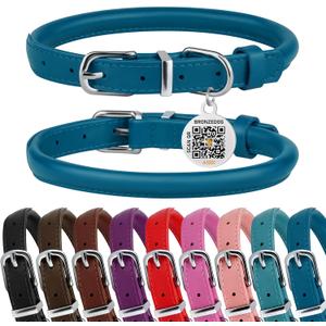 BRONZEDOG Rolled Leather Dog Collar for Small Medium Large Dogs with QR ID Tag (M: 14-16 Inch, Ocean Blue)