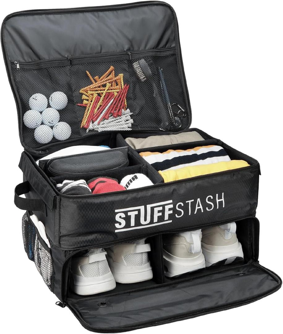 STUFFSTASH Golf Trunk Organizer for Car  Rigid, Wont Collapse | Ventilated Shoe Compartment, Adjustable Dividers & Mesh Pockets | Golf Gift for Men & Women | Premium Car Trunk Storage Organizer