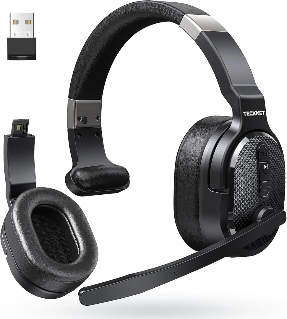 TECKNET Bluetooth Trucker Headset, Single and Dual Ear Wireless Headset with Mic for Work Noise Cancelling, 50Hrs 3 EQ Music Modes Trucker Bluetooth Headphones for PC, Drivers, Office, Call Center