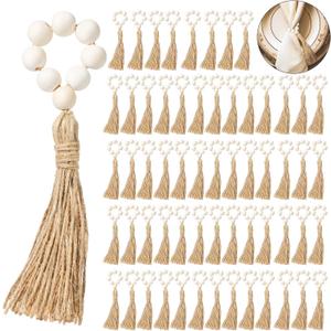 Maxcheck 60 Pcs Wood Bead Napkin Rings with Tassel Handmade Wooden Farmhouse Napkin Ring Natural Beaded Napkin Ring Holders for Tabletop Dining Party Wedding Gathering Home Decoration (Rustic)