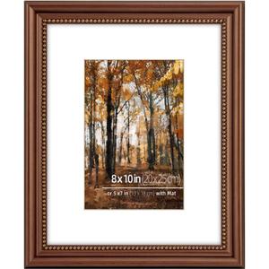 8x10 in Wood Classic Gallery Picture Frame, Ornate Beaded Inner, Matted for 5x7 Photo, Tabletop or Wall Mount Display, Brushed Brass Brown (8 x 10 in)