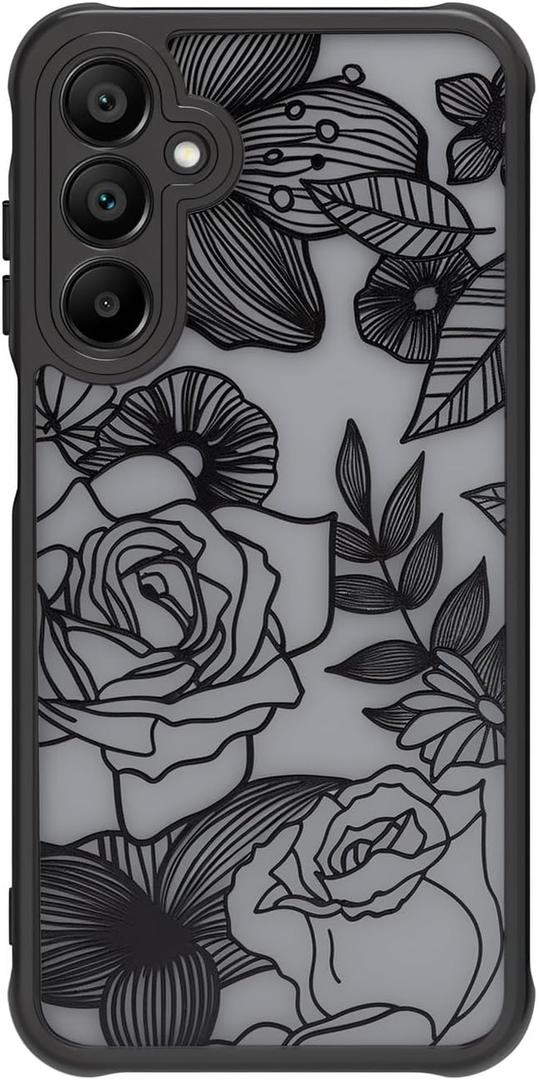 Cute Case Compatible with Samsung Galaxy A15 5G Case, Rose Galaxy A15 4G Aesthetic Black Line Art Floral Pattern Print, PC and TPU Heavy Duty Protection Shockproof Cases Cover for Girls Women