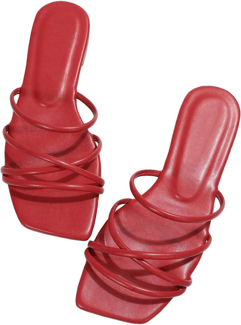 GORGLITTER Women's Strappy Flat Sandals Cute Dressy Open Toe Slip on Slide Sandals (9, Red)