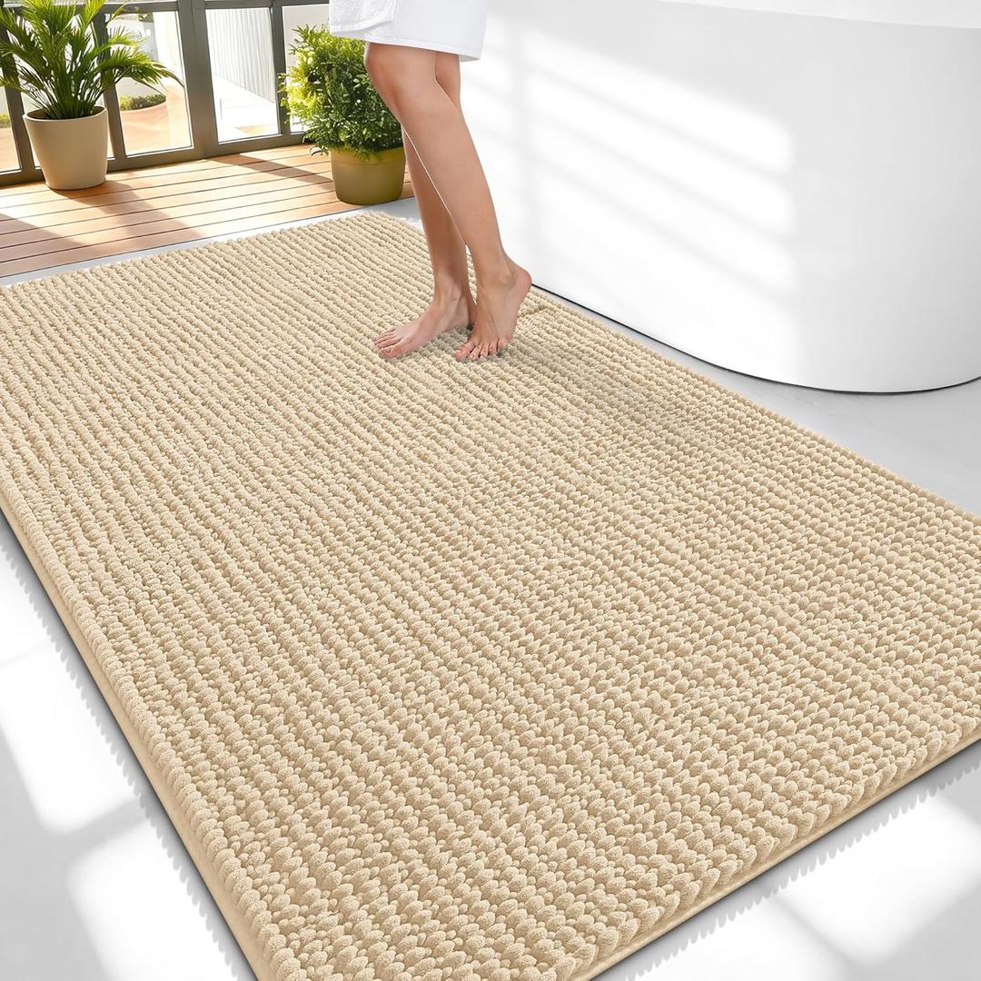 OLANLY Thick Large Bathroom Rugs 59x35, Extra Soft Absorbent Chenille Bath Rugs, Rubber Backing, Machine Wash Dry, Bath Mats for Bathroom Floor, Tub and Shower, Home Decor Accessories, Beige