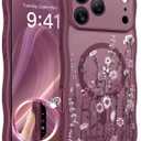 GVIEWIN for iPhone 17 Pro Case Compatible with MagSafe [Curly Wave Edge][Full Camera Protection] Floral Translucent Shockproof Magnetic Women Phone Case for iPhone 17 Pro 6.3'', Floratopia/Burgundy