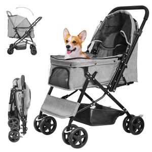 Lightweight Dog Stroller with Reversible Handle for Medium Small Dogs and Cats, Foldable Pet Stroller Travel Carriage with Large Storage Basket, 4 Wheels, Linen Gray