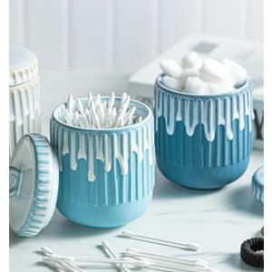 Qtip Holder Dispenser Bathroom Canisters with Lid, Apothecary Jar Containers for Vanity Makeup Organizer Storage - 14 oz Ceramic Jar for Cotton Swab Cotton Round Pads Floss Picks Hair Clips, Teal Blue