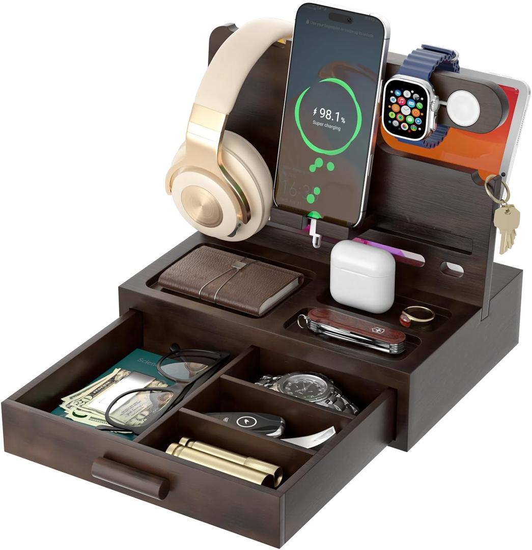 Phone Docking Station for Men: Desk or Nightstand Organizer with Drawer, Birthday Gifts for Husband, Dad, Boyfriend,Him, Wooden Charging Station for Phone Watch Key Holder Wallet (Reddish Brown)