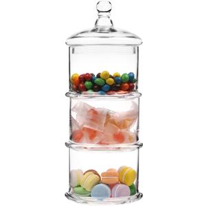 MyGift 16 Inch Modern 3 Tier Clear Glass Stacking Apothecary Jars with Lid, Round Glass Display Candy and Cookie Containers, 16 inch Tall