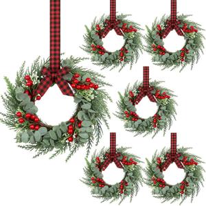 6 Pcs 8" Mini Christmas Wreaths for Kitchen Cabinet Small Christmas Candle Rings Wreaths, Front Door Pillars/Home Table Centerpieces Hanging Garlands, for Windows/Wedding Decor (No Red Ribbon)