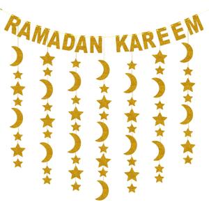 Glitter, Ramadan Kareem Banner - 10 Feet, No DIY | 13 Feet Hanging Gold Moon and Star Garland | Hanging Ramdan Decorations for Home 2025
