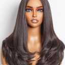 GORGIUS Glueless Short Wavy Wig Dark Brown Loose Curly Wig Shoulder Length 18 Inch Middle Part 180 Density Put On Go Wigs Pre Plucked with Natural Hairline Fiber & Remy Human Hair Blend