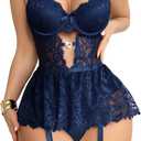 Foxiny Sexy Stocking Underwire Push Up Rhinestones Heart Floral Lace Mesh Sheer Garter Bodysuit Skirt Lingerie Set 3 Piece (Blue, M)