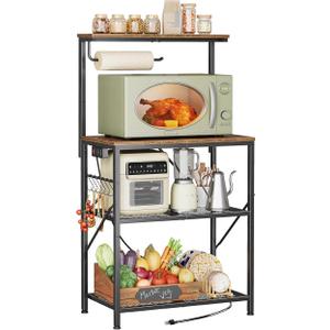 Huuger 4Tier Bakers Rack with Reversible Power Outlet, 23.6 Inch Microwave Stand, Kitchen Coffee Bar, with Top Shelf, 6 S Hooks, Rustic Brown