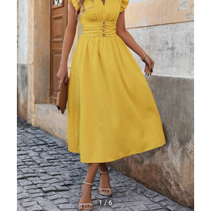 Clasi Elegant Ladies' Summer Festival Solid Yellow Color Ruffle Trimmed Ruched Waist Dress Maxi Dress Long Dress , Size Medium