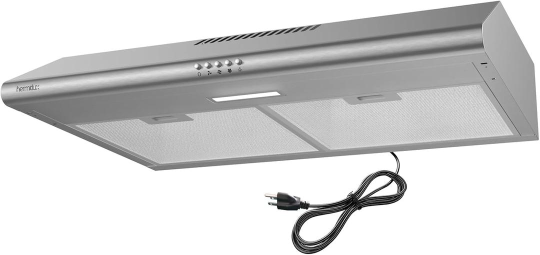 Hermitlux Under Cabinet Range Hood, 30 inch Vent Hood With 3 Speed Exhaust Fan, Ducted And Ductless Convertible, LED Bright Light Bulbs and Charcoal Filter, Stainless Steel Filter, Stainless Steel